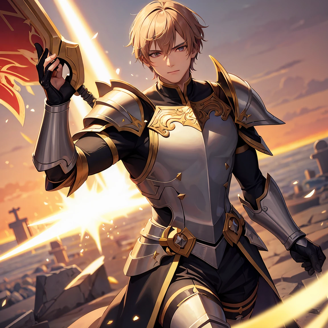 A male paladin warrior with a divine aura holding a mace and shield,wearing blood-stained white cybernetic armor.