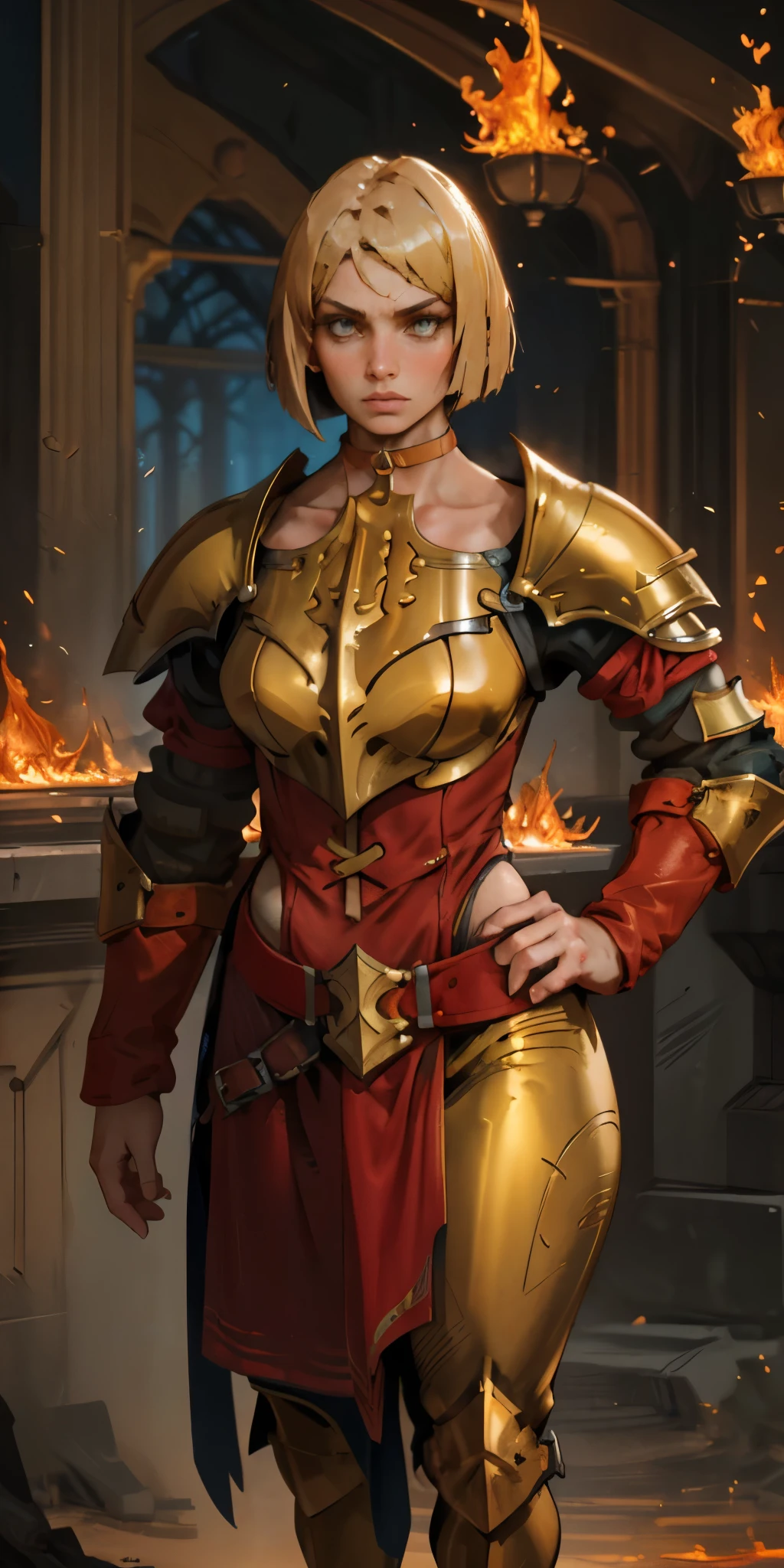 A confident paladin warrior, her short hair styled in a stylish bob, strikes a commanding pose. Dressed in gleaming gold armor, she stands with her hands on her hips, her feet planted firmly. A leather choker adorns her neck, and her eyes burn with a fiery intensity.