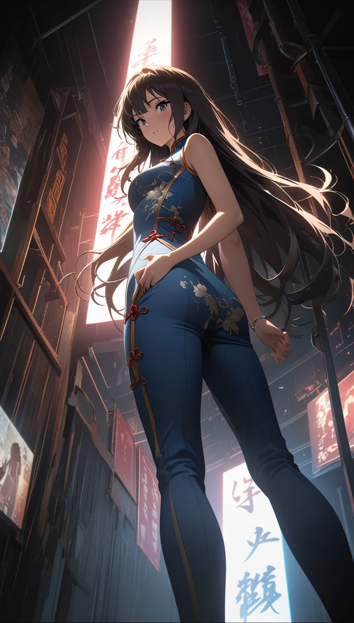 Cheongsam Girl，Long Hair，Pure white background，Depth of written boundary，Low angle view，Calf Level View，Overclocked Renderer，Cinema Lighting，Ultra-fine，Very detailed，complicated，Cinematic Perspective，CG Art，Side zipper