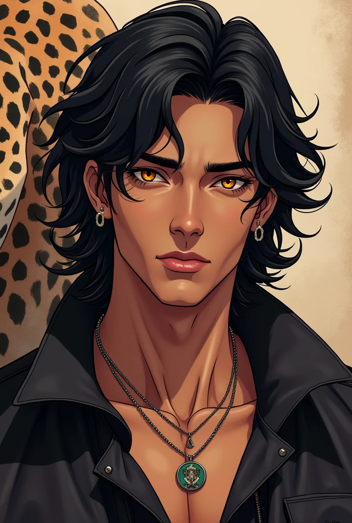 An image with a semi realistic and a little bit of anime style of a guy with olive dark skin tone, black, medium long and wavy hair, yellow-red eyes, he's on his 20's, Latin masculine and very handsome, he looks mature, no face hair, also he has a rockstar style add a jaguar
