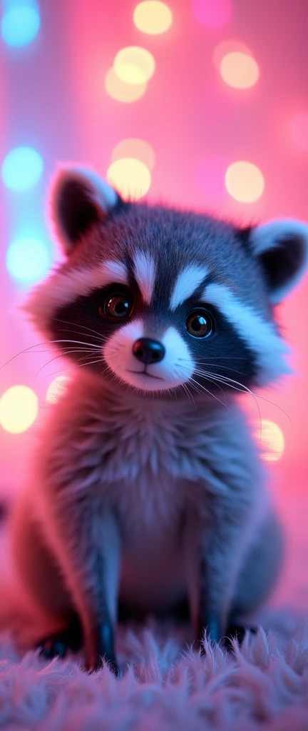 A captivating photograph of a cute extra fluffy baby realistic raccoon. Rainbow pastel colors luminous LED plush, 3d render, poster, anime, vibrant, painting