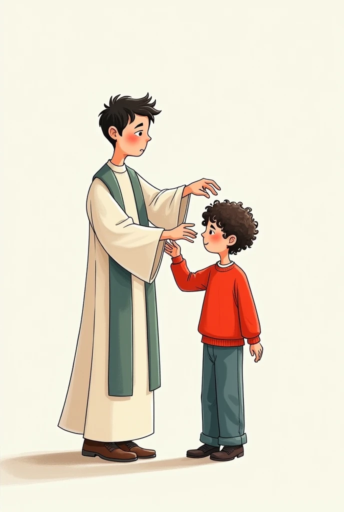 Simple color drawing of a priest using a puppet of a curly-haired boy in a red sweatshirt