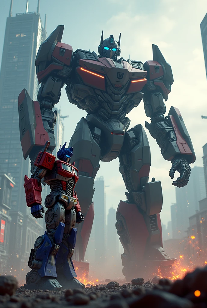 Real Optimus prime fighting pacific rim's Jaeger with si fi background in 9:16 format
