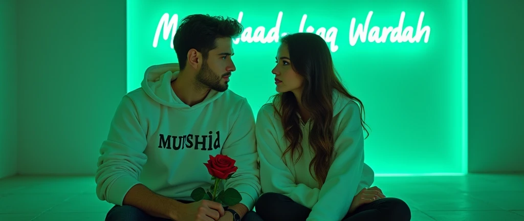 A 4k quality highly detailed Realistic portrait Handsome 28 year slim smart , guy White Hoodie with 30 year beautiful women in a White Hoodie, the girl has a red rose flower in her hand and is sitting on down floor, with romantic mode, no smile, written "Murshid" in the boy hoodie and "Wardah" in girl's hoodie, and Murshid ishaq Wardah is written on the green light glow wall with neon text text behind.