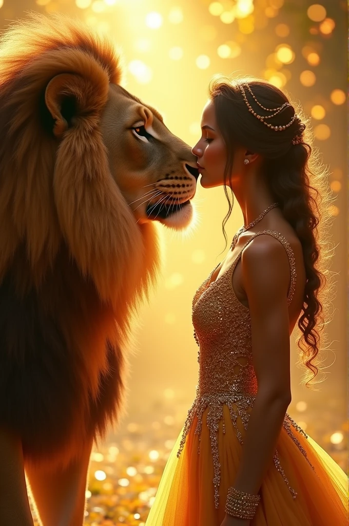 A womman kissing the forhead of a lionn with a golemden sunny and soarkly background and womend shoud wear a golden fancy dress with full of glittesr and the photo must be magical
