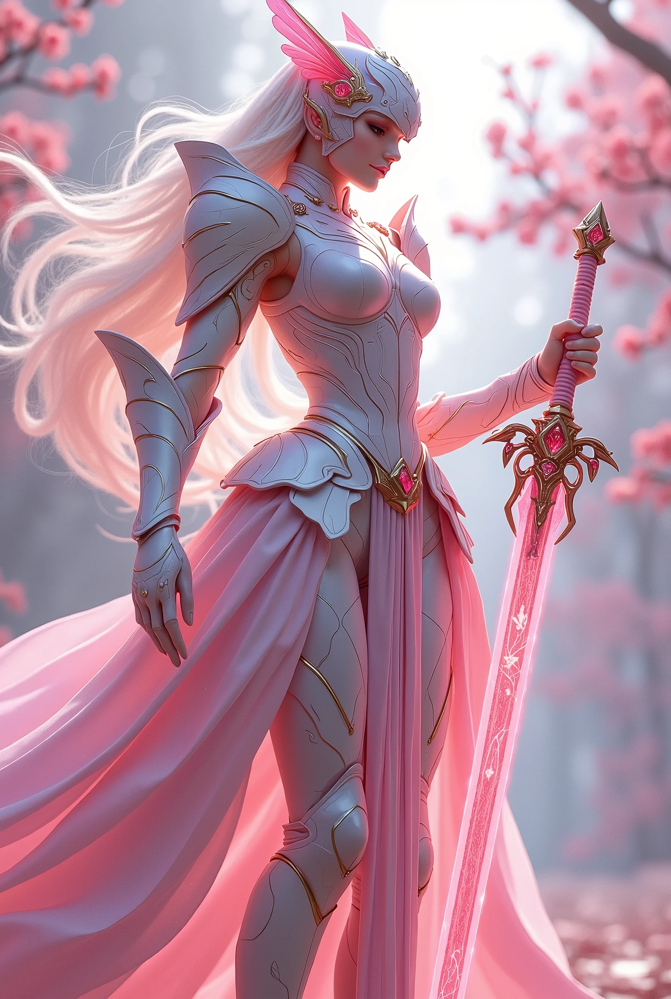 Sakurianas Warrior with the Sakura SwordThe tall, elegant warrior from the Sakurianas species is a vision of grace and power. She wears a unique armor made from a material that appears as delicate as Sakura petals but is 100 times stronger than diamond. The armor has a shimmering pink and white color scheme, resembling the natural hues of cherry blossoms. Intricate patterns of blooming Sakura flowers adorn the chest plate and shoulder guards, giving the armor an organic and fluid appearance. Her helmet, with a visor shaped like overlapping petals, completes the look, fitting perfectly to her form. Glowing pink veins of energy run through the armor, reflecting the regenerative and powerful nature of the wearer.In the warrior's hand is the Sakura Sword. This sword features a long, slightly curved blade forged from a pink metallic material that softly glows with a delicate aura. The blade is engraved with subtle designs of Sakura branches, which shimmer in shades of pink and gold as light hits it. The hilt is wrapped in pearl-white leather, adorned with rose gold accents, and at the base of the hilt, a small Sakura flower carved from rose quartz adds a final touch of elegance. The minimalist guard of the sword, decorated with small pink crystals, echoes the delicate branches of a cherry blossom tree.