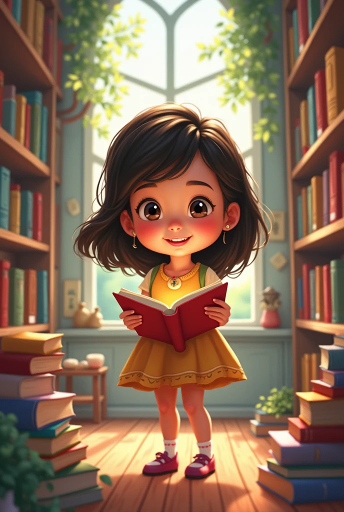 A female cartoon reading a book in a library