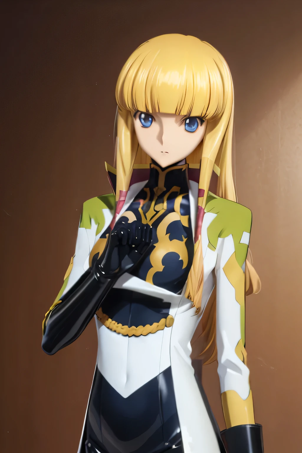 Highest quality,Highest Resolution,(((Latex military uniform　Blonde　dark blue eyes)))　Code Geass　Monica　long hair　straight　expressionless　flat chest　woman　cool