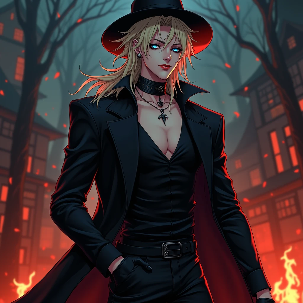 a male, with long dirty blonde hair, Blue eyes, long lashes, delicate features, spooky makeup, a black hat, black gloves, and sexy black clothes. blood splatter. Absolute God. Mysterious. midnight. Anime style. Sexy. Smirking mischievously. Red lips. Black eyeliner. With lip ring piercing.Very tight and thin clothes. Shiny. Leather. Dark. (((masterpiece)) ((pretty well drawn)) ((attractive features)) (excellent quality) ((lip ring piercing) A black hat. Black earrings. Necklace. Sexy. Glowing colors. (Sexy pose) ((Hot male)) Ring lip piercing. Long black leather boots. Long black swaying coat. Burning down a village. ((Impressive))