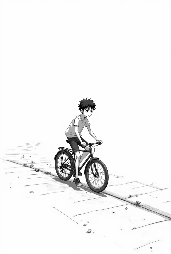 anime style boy, delgado, on a bicycle, black and white drawing