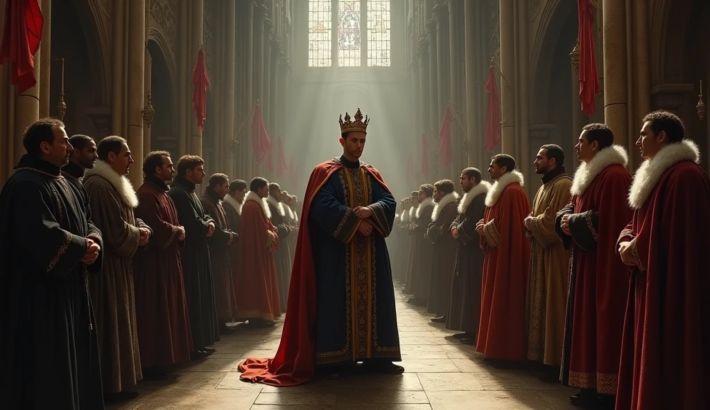 A cinematic and evocative painting in the style of Edmund Blair Leighton, capturing the coronation of Philip VI of Valois, shrouded in an atmosphere of tension and uncertainty. The scene is set in a grand, dimly lit cathedral with towering Gothic arches that cast long, ominous shadows across the stone floor. Philip VI stands at the center, robed in regal but heavy attire, as the crown is placed upon his head. His expression is a mix of pride and deep concern, his eyes betraying the weight of a throne contested by rival claimants. Surrounding him are courtiers, bishops, and nobles, their faces a blend of skepticism, anxiety, and hidden agendas, reflecting the fragile nature of his claim. The background features the faint outlines of rival banners, subtly hinting at the looming conflict. The lighting is dramatic, with beams of light filtering through stained glass windows, illuminating Philip while the rest of the room is cloaked in deep, foreboding shadows, emphasizing the uncertainty o, Surrealism, Hyperrealism, UHD, retina, masterpiece, accurate, anatomically correct, textured skin, super detail, best quality, 16k
