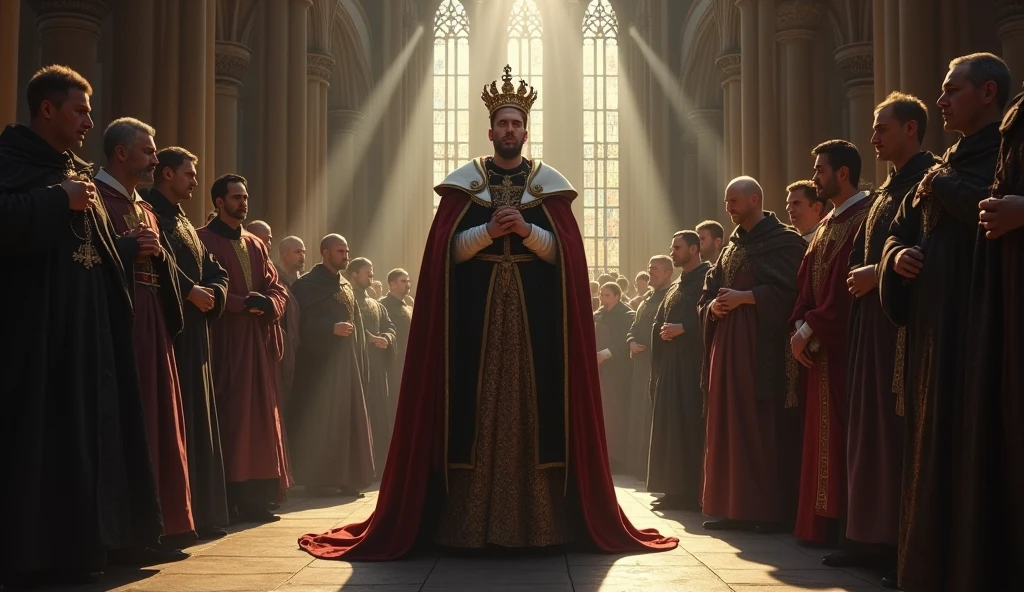 A cinematic and evocative painting in the style of Edmund Blair Leighton, capturing the coronation of Philip VI of Valois, shrouded in an atmosphere of tension and uncertainty. The scene is set in a grand, dimly lit cathedral with towering Gothic arches that cast long, ominous shadows across the stone floor. Philip VI stands at the center, robed in regal but heavy attire, as the crown is placed upon his head. His expression is a mix of pride and deep concern, his eyes betraying the weight of a throne contested by rival claimants. Surrounding him are courtiers, bishops, and nobles, their faces a blend of skepticism, anxiety, and hidden agendas, reflecting the fragile nature of his claim. The background features the faint outlines of rival banners, subtly hinting at the looming conflict. The lighting is dramatic, with beams of light filtering through stained glass windows, illuminating Philip while the rest of the room is cloaked in deep, foreboding shadows, emphasizing the uncertainty o, Surrealism, Hyperrealism, UHD, retina, masterpiece, accurate, anatomically correct, textured skin, super detail, best quality, 16k
