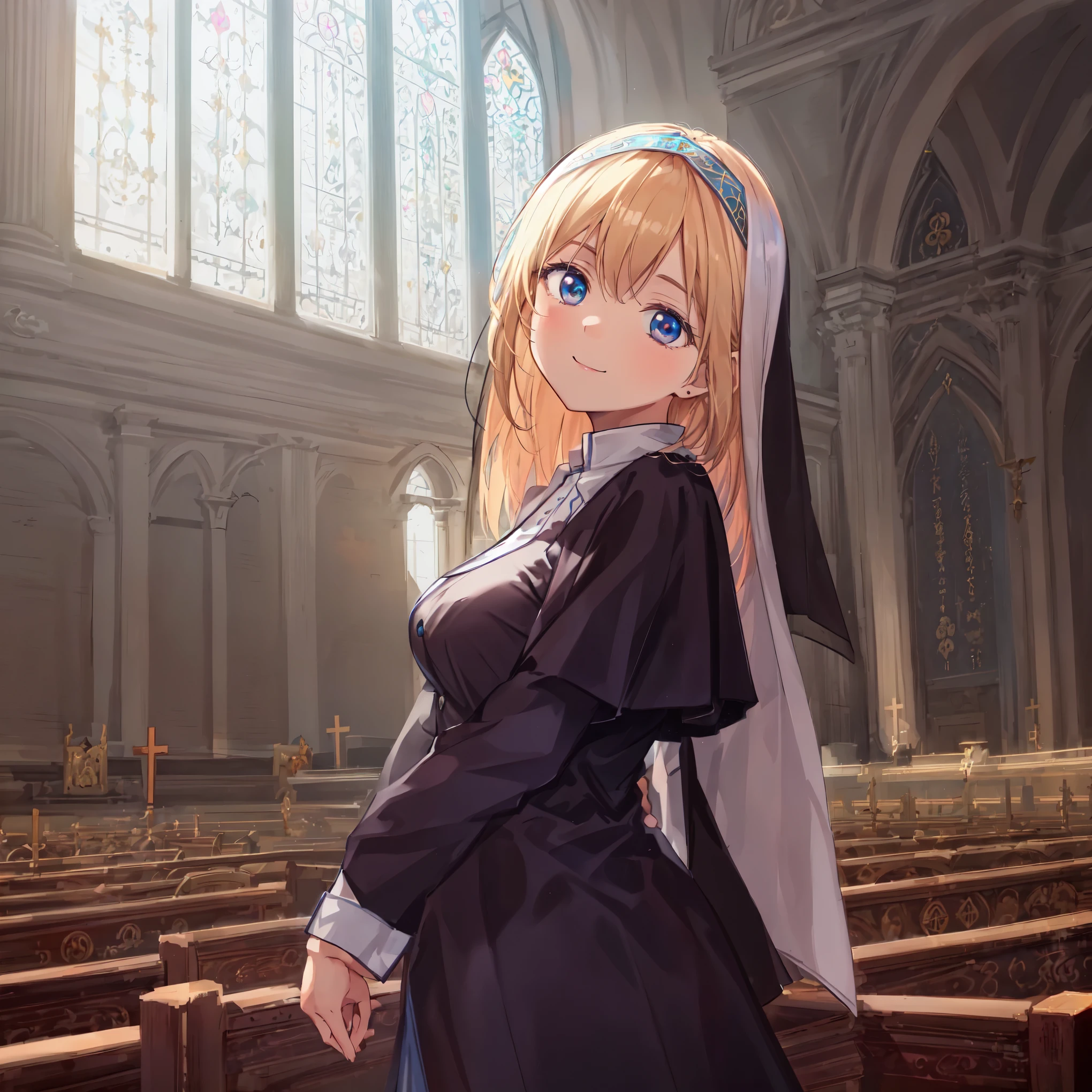 (pencil art:1.3),masterpiece, Highest quality,pastel color,church,dutch angle,Leaning forward,Monastic uniform,A loving smile,closed mouth,{{beautiful medium-sized breasts1:4}},{{beautiful blue eye1:4}},,(((Sacred))),Photoreal 1;4,{{blond hair}}, top quality, {{beautiful butt}}, cute girl, high quality background, BREAK, BREAK, 5 fingers