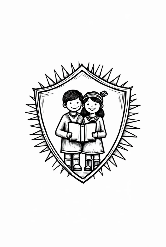 ¡Genial! A logo for the primary school "Rochivo Creel Indigenous Primary School" with Tarahumara children a shield in the shape of a sun, which is an important element in the Tarahumara culture. In the center of the sun, Places a Tarahumara boy and girl smiling and holding an open book. The boy and girl can be dressed in typical costumes of their culture..
The logo can be black and white, the pure sketch