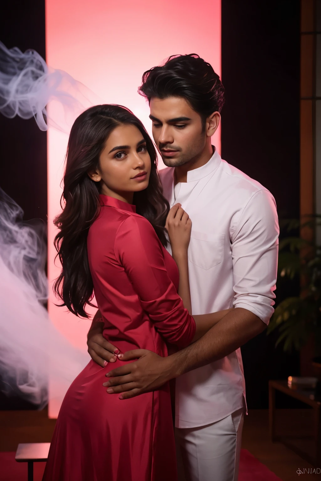 Two indian Instagram model, wearing a red violet nylon shirt in a elegant looks, d size, elegant pose, in a pink background, rim light, warm lights, smoke, long glazing hair, spotlight illumination, rich shadows, sparkling bokeh, exquisite details, high-resolution, 35mm film, timeless elegance