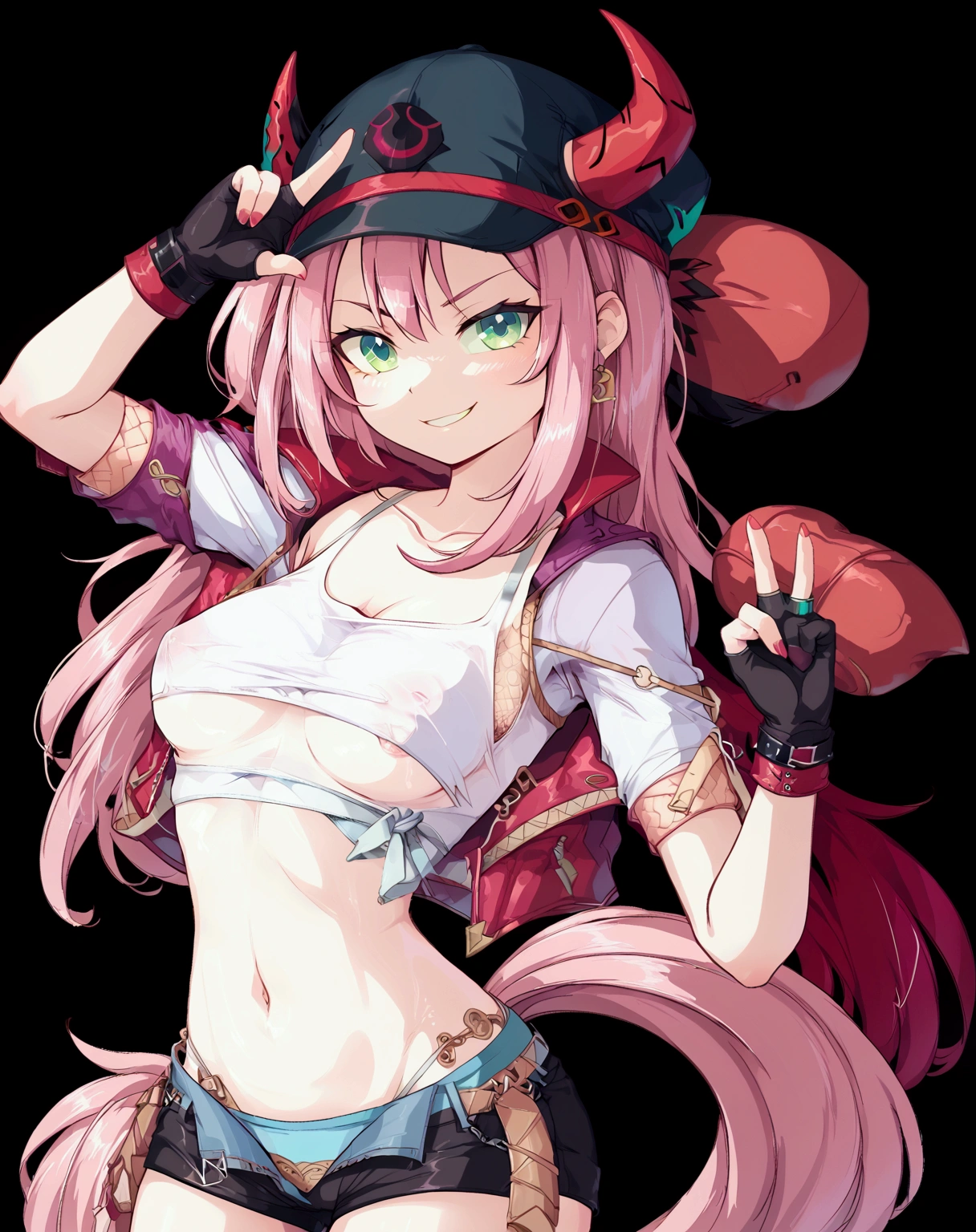 1 girl, fingerless gloves, gloves, green eyes, black baseball cap with fake red horns, jacket, looks at the viewer, pink hair, There's one long ponytail cut in the back, short haircut in the front, red nails, solo, chest, a big white top that covers the entire chest, green eyes, jacket, looks at the viewer, mid-body, navel, pink hair, black shorts, solo, red Hip Strap, looks at the viewer, middle chest, navel, short shorts, black shorts, smile, solo, chest, green eyes, smirk, big chest, looks at the viewer, pink hair, red jacket, smile, blush, solo, single fishnet-red glove on her left hand, upper body, Not a see-through top, microphone, The girl drops the microphone