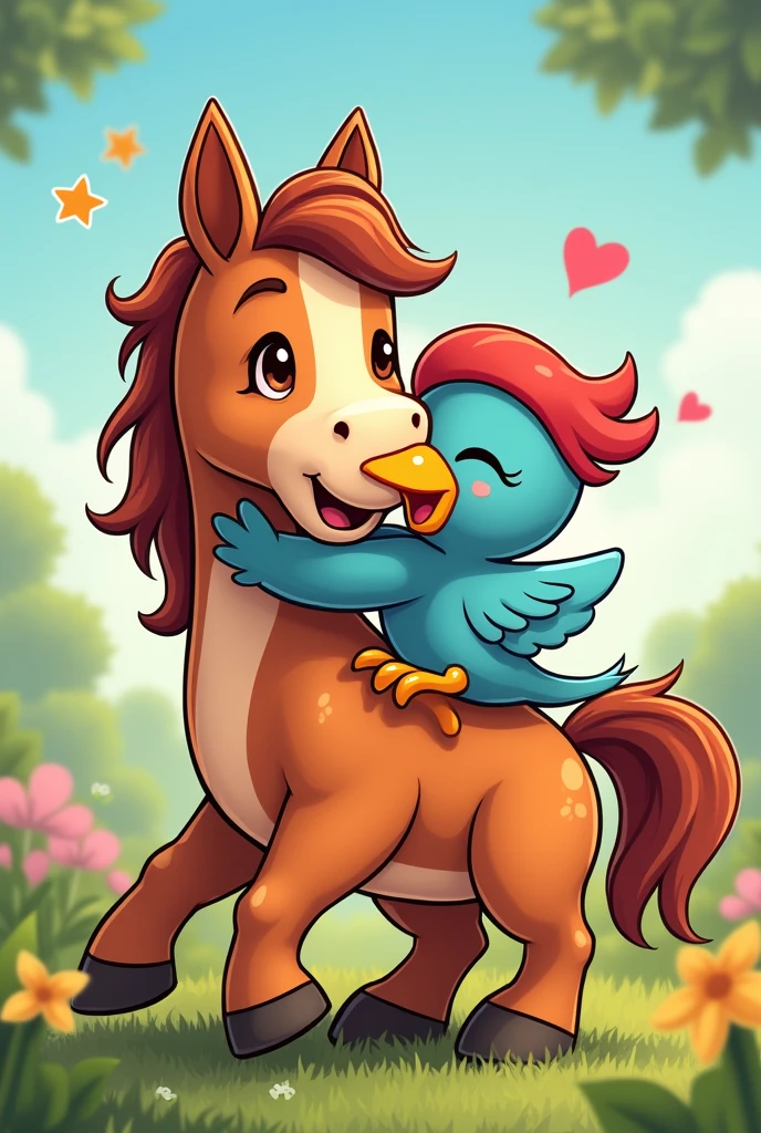 Drawing of a bird and a horse hugging each other very happily in comic style



