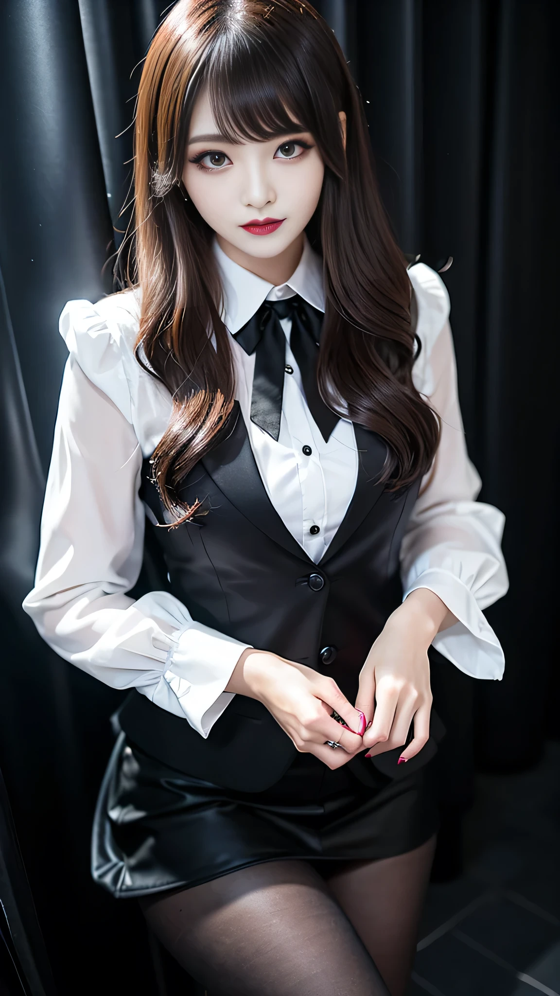 best quality、ultra-detailed、4k、Japanese、Seductive beauty、seductive adult woman、Pretty Woman、cool girl、Villainess、Fallen into evil、smirk、Evil look、Wicked Smile、evil、Brown hair、wavy hair、swept bangs、brainwash makeup、dark makeup、piercing eyes、hollow eyes,half-closed eyes、Hollow Eyes、purple Eyeshadow、black lipstick、black lipglos、office staff suit、suit、Jacket、Black sleeves、White Shirt、Black Ribbon、Tight Skirt、bezyu pantyhose、bezyu stocking、night、inside darkroom、Are standing、shoot from below、Have lipstick、Emblem of Evil、Crest of Darkness、Swear allegiance、I have pledged my allegiance、Dye black、Blackening、Stained with evil、Dyed in darkness、Seduce、penis