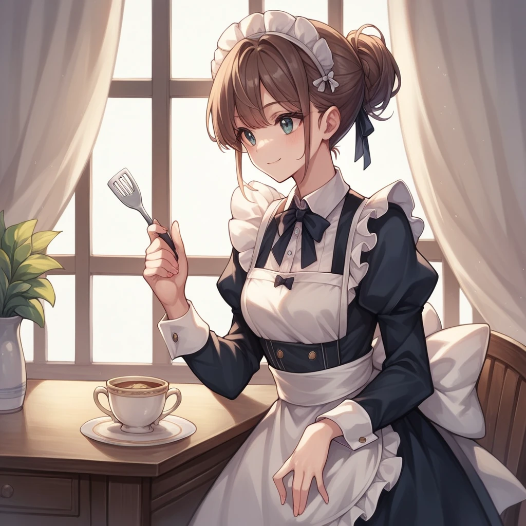 masterpiece, best quality, highres, 1girl, detailed face, blush, anime CG style, (medium breasts), (18 year old girl:1.3), (aged up), good lighting, perfect body, sakura kinomoto, glossy lips, cleavage, (curvy), cafe, maid, short puffy sleeves, small maid apron, thigh highs, looking back at viewer, blush, (lace panties:0.9)