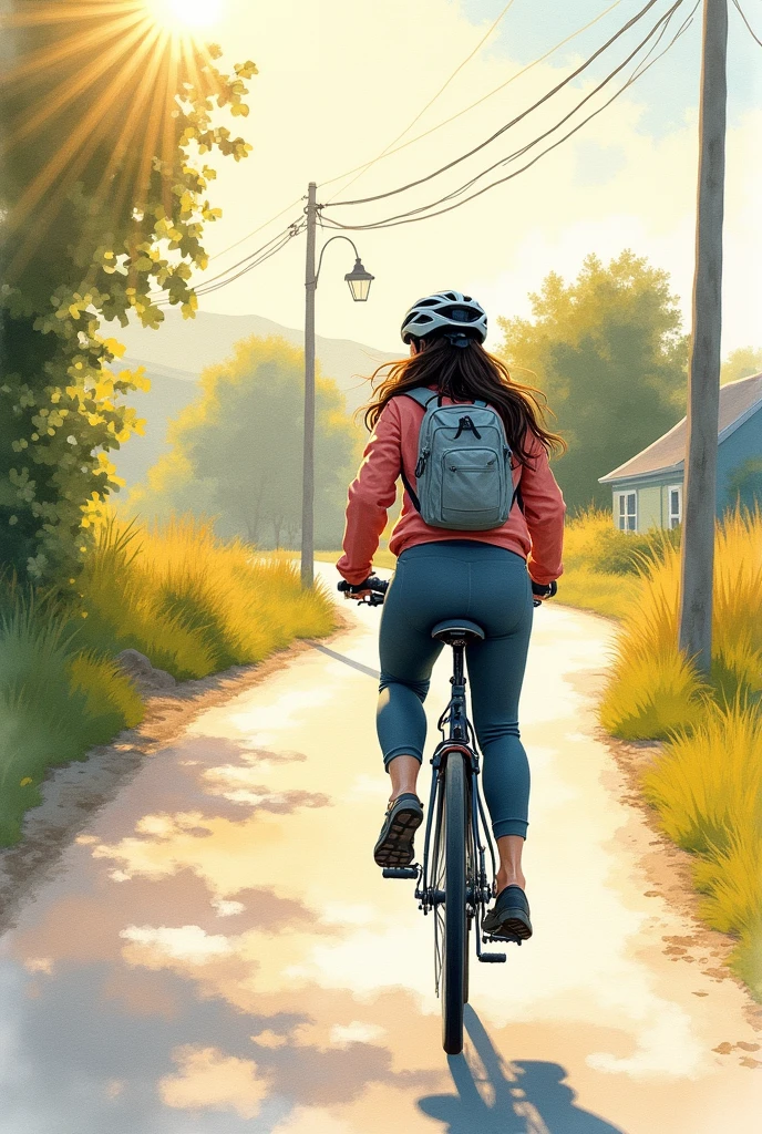 Dessin peinture aquarelle avec espaces blancs et contours non définis : femme blanche 40 ans, un peu ronde, cheveux noirs longs sur son vélo, casque sur la tête, vieux pantalon de jogging et sweet, sac a dos, elle roule sur sa bicyclette dans des petites rues de campagne inondées de soleil , en Bretagne