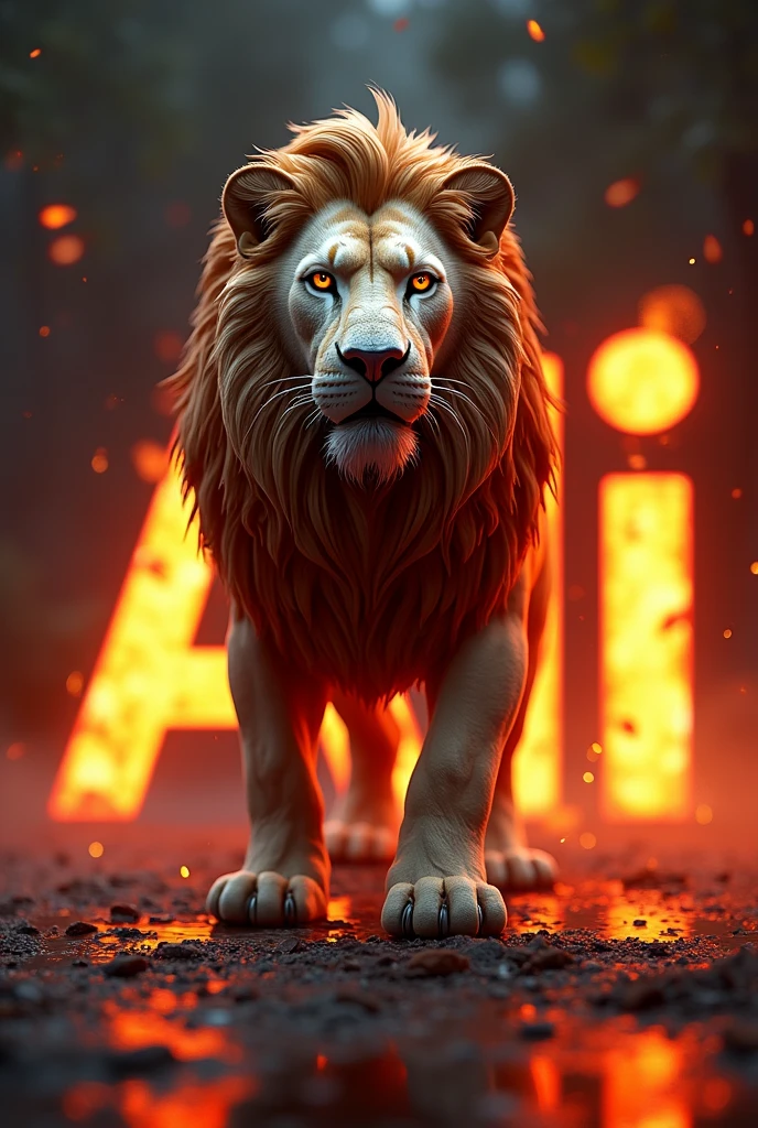 A 3d lion logo with a name Ali in the background with fire reflection