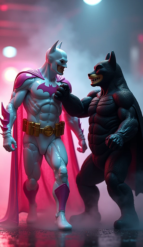 highly detailed, surreal, white and pink batman suit, batman fighting black gummy bear, cinematic lighting, photorealistic, 8k, hyperrealistic, colorful, dynamic, dramatic, intricate, masterpiece, award winning art