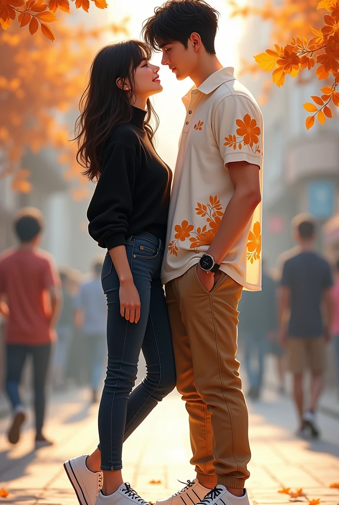 A couple in love, the girl is wearing a thin black sweater, a lead jean pant, a watch with a pink strap, white sneaker with black lines and loose hair and the boy with lead-colored pants, White shoes, white polo with orange designs, a black watch and black hair, everything is lively and the girl is short
