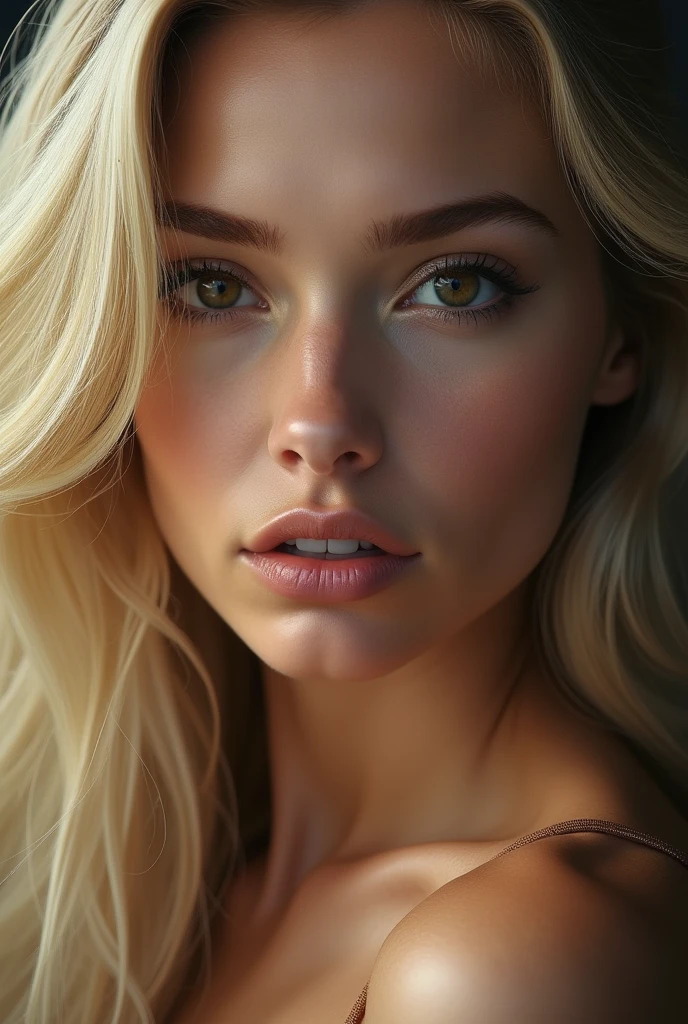 (photorealism:1.2), a beautiful blonde, face detail, black eyes, close up, facee