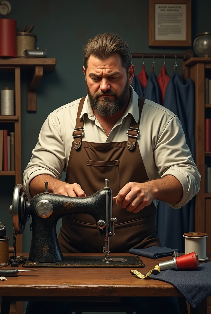 A sewing machine with a tailor with a manly background
