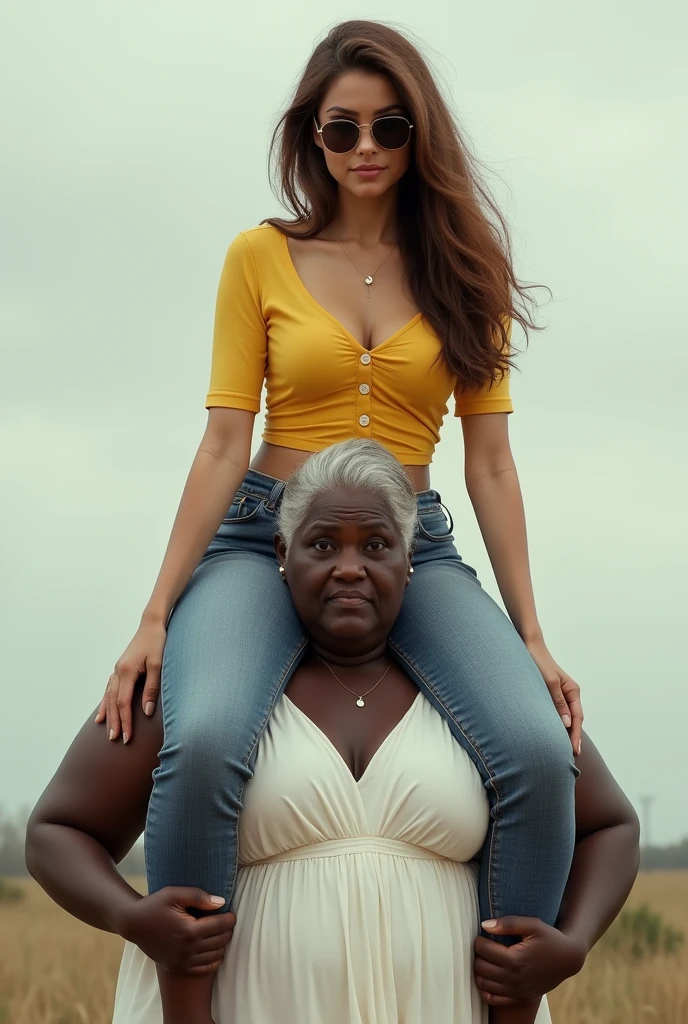 Create a photo of a 30 year old young woman, with a slender and beautiful body, wearing jeans and a long yellow tight blouse, with white and clear skin, with long brown hair and wearing sunglasses being carried on the shoulders of a 90 year old elderly lady, obese, dark black skinned and wearing a white dress