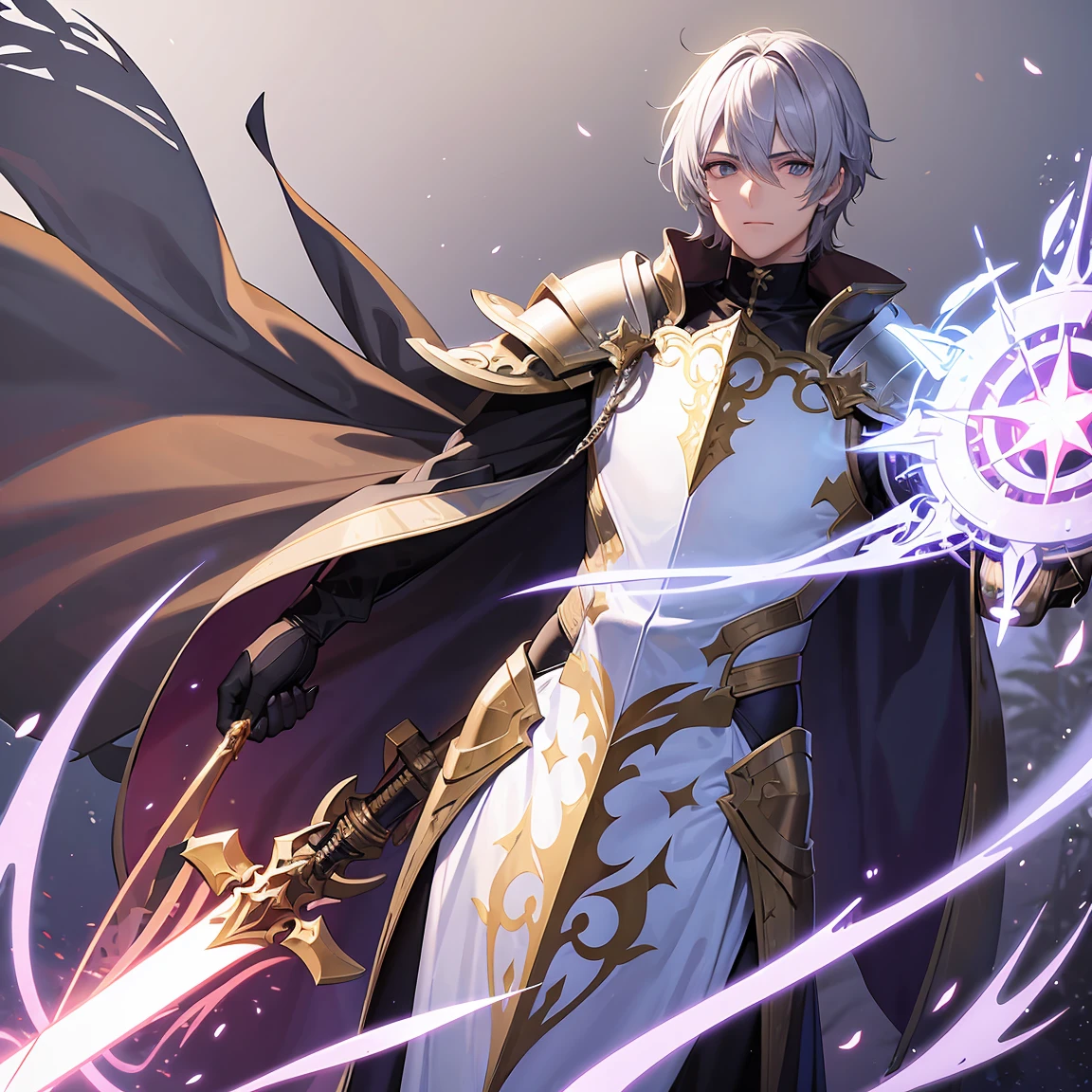 A male paladin warrior with a divine aura holding a light-imbued sword and a shield,wearing blood-stained white cybernetic armor,with his face covered by the helmet