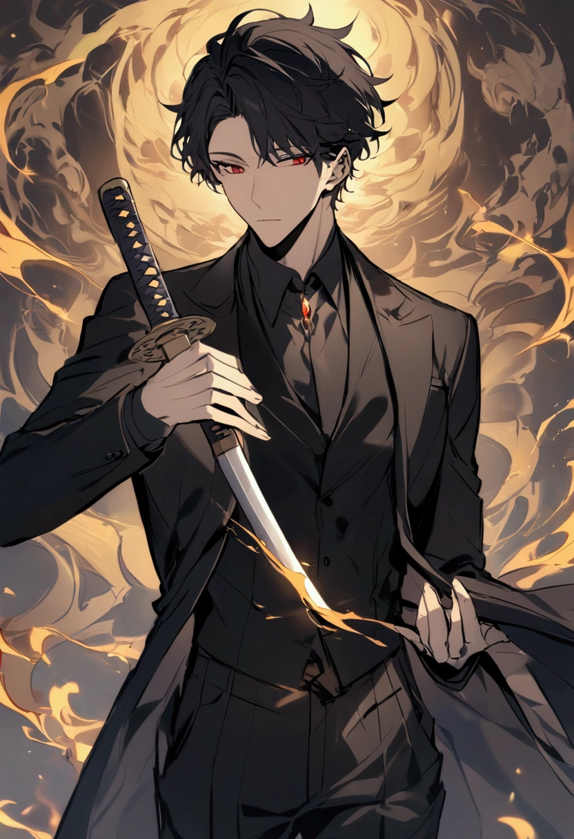 handsome male, short hair, black hair, red eyes, black shirt, black trousers, long white robe, yellow flames, holding a katana in one hand, expression relaxing,suit