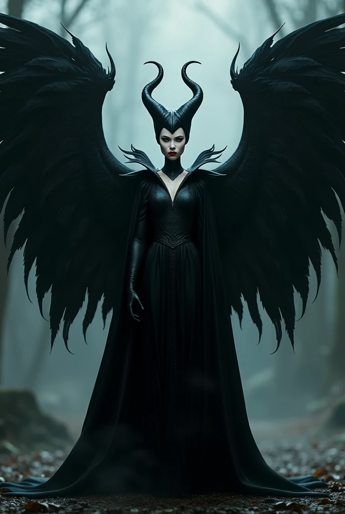Maleficent with her long black hair and black bird wings