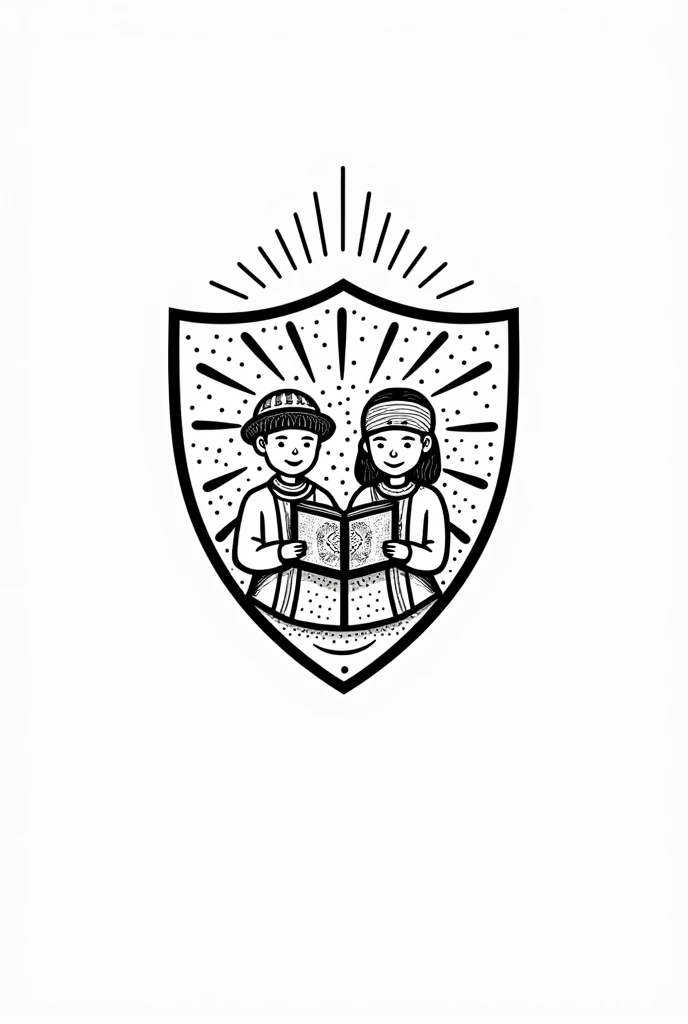¡Genial! A logo for the primary school "Rochivo Creel Indigenous Primary School" with Tarahumara children a shield in the shape of a sun, which is an important element in the Tarahumara culture. In the center of the sun, Places a Tarahumara boy and girl smiling and holding an open book. The boy and girl can be dressed in typical costumes of their culture..



The logo can be black and white, the pure sketch