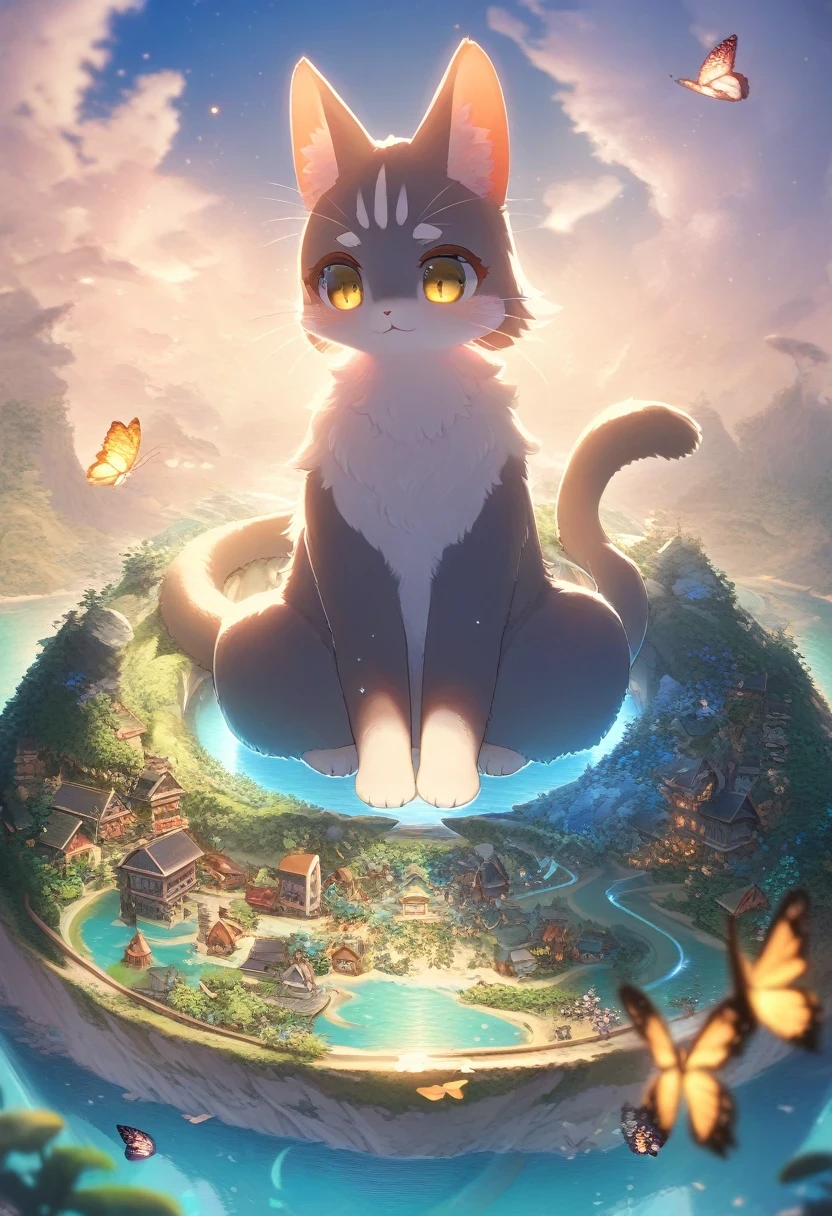 ((Masterpiece)), ((Best Quality)), (Very Detailed), ((Very Detailed)), 4K, (8K), very aesthetic, absurdres highres, 1 woman, (anthropomorphic cat, furry, kemono:1.5), On an island floating in the sky, a fluffy cat plays with mysterious butterflies while being illuminated by soft light, and a fantasy world with floating clocks and melting landscapes spreads out.
