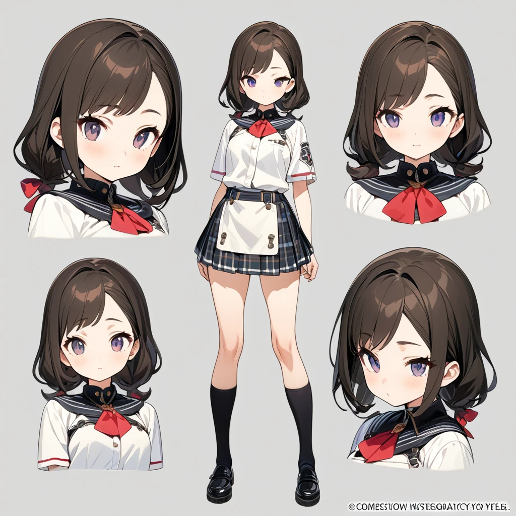 (masterpiece, Highest quality, Highest quality, Official Art, Cosmetology and aesthetics: 1.2), She has dark shoulder-length hair and wears an extremely short skirt.、Girl in uniform、９age、Young、small、cute, Small breasts、Delicate and short、whole body、front, Back and side view、From the feet、Three Views、Character Sheet、No background