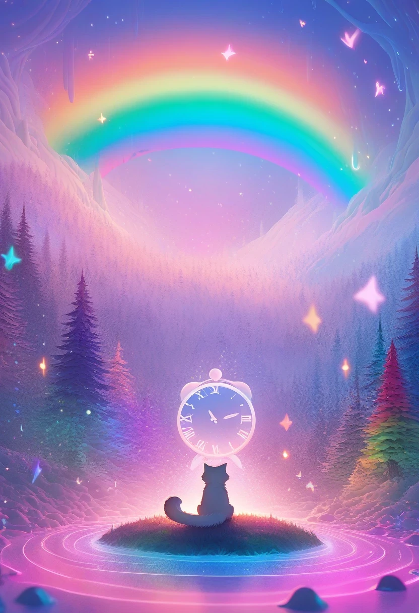 ((Masterpiece)), ((Best Quality)), (Very Detailed), ((Very Detailed)), 4K, (8K), very aesthetic, absurdres highres, In a pastel-colored magical forest, a cute cat with fluffy fur is surrounded by rainbow-colored sparkles, and a fantastic scene with a clock floating in the air and a melting landscape.