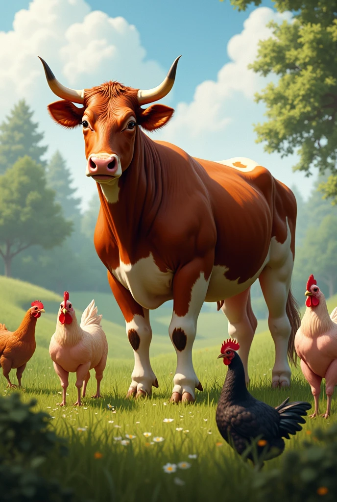 Stunning realistic brown bi-color cow with pigs, Chickens and hens in grass without flowers 