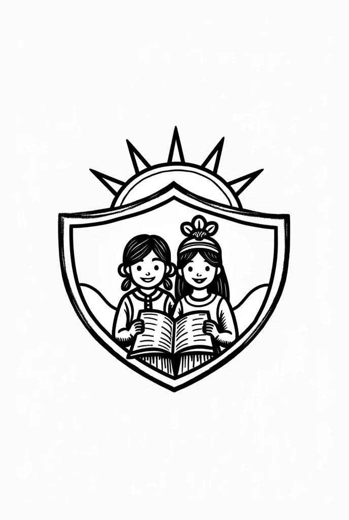 ¡Genial! A logo for the primary school "Rochivo Creel Indigenous Primary School" with Tarahumara children a shield in the shape of a sun, which is an important element in the Tarahumara culture. In the center of the sun, Places a Tarahumara boy and girl smiling and holding an open book. The boy and girl can be dressed in typical costumes of their culture..



The logo can be black and white, the pure sketch