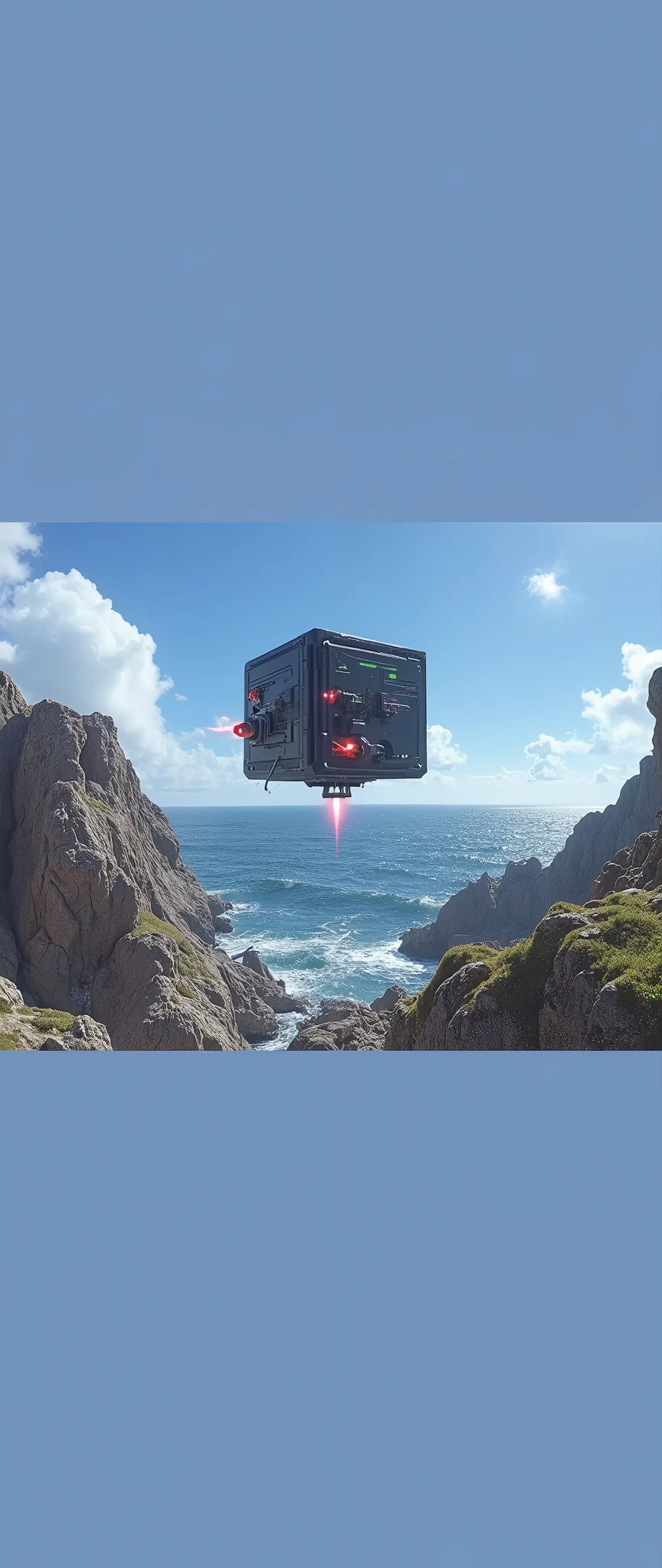 Black cube made of metallic materials with geometrically distributed panels which have slots from which green and red neon lights emerge, black sheet, Stainless steel, exposed mechanical elements, motor, gear, pipelines, cabling, turbojet thrusters, fire ejectors, levitating over the ocean.