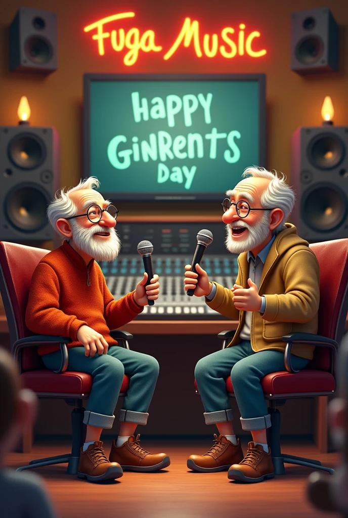A grandfather in the recording booth of an animated studio and another grandfather in the studio recording a hip hop song in a recording studio called fuga music with lyrics that say “happy grandparents day” and a sign that says “fuga music”