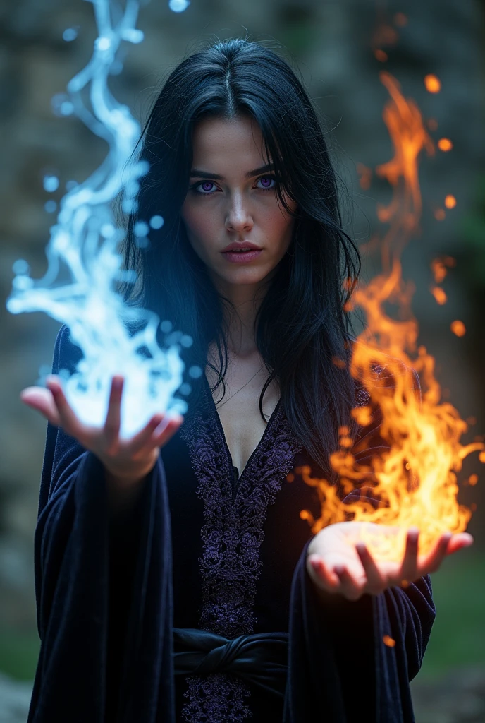 photo of a beautiful sorcerer babe casting magic, one left hand with ice effect, right hand with fire effect, she wearing a dark tunic made from velvet with intricate details, she has long messy black hair and purple eyes, cinematic lighting, vidid light