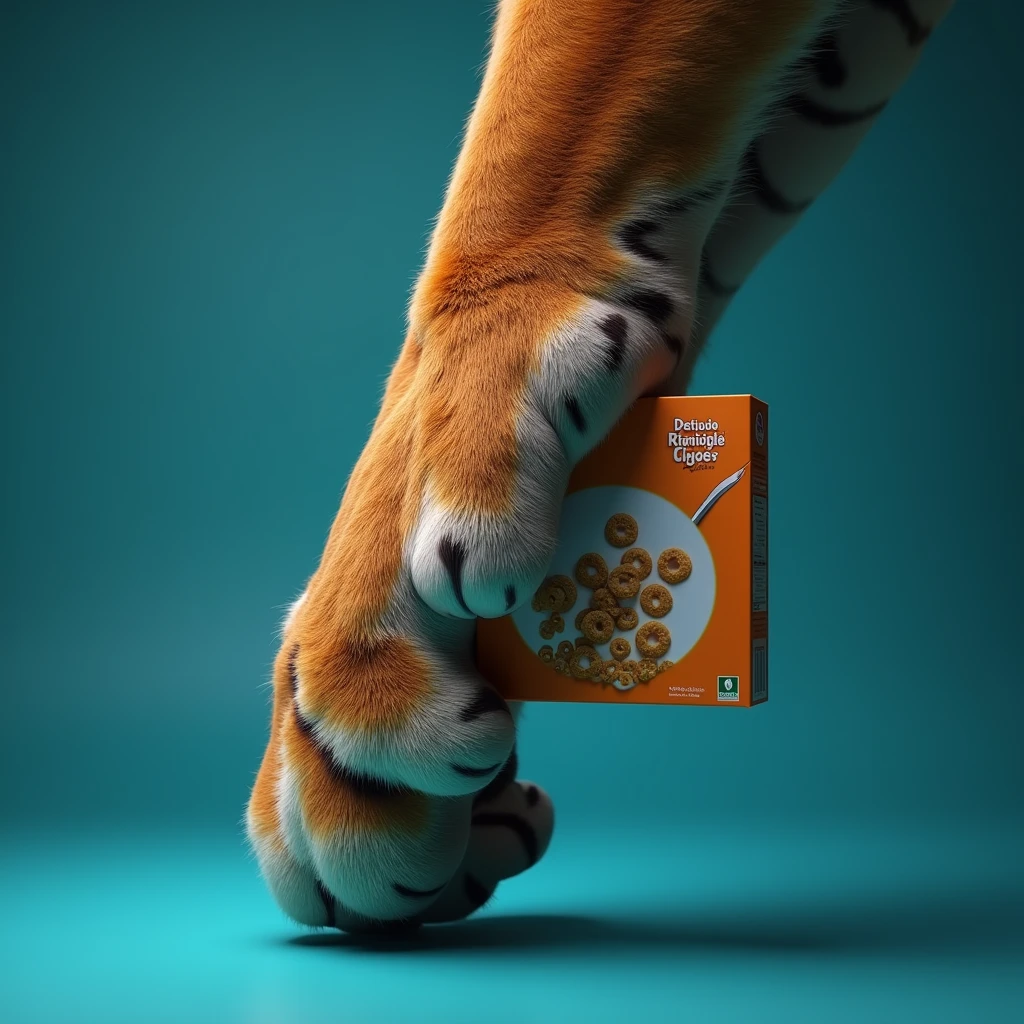 Generate me an image where I can only see a tiger paw holding a cereal box and the background is a horizontal linear gradient from #134cb9 to #00abff