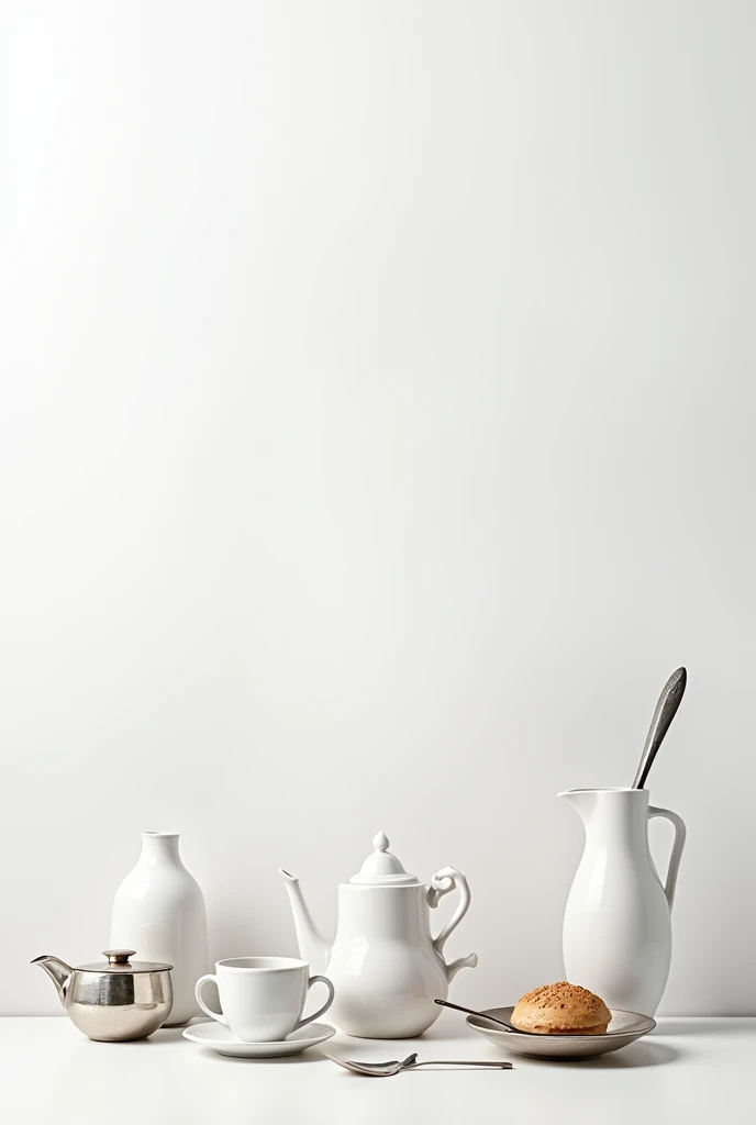 White background, accompanied by kitchen items, like cups, Vases, Cups, baking tools and silver service set that the image has a white space in the middle to place a logo 