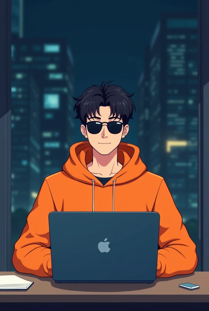 ANIME FRIENDLY LOOKING MALE BUSINESS CHARACTER, A ORANGE HOODIE AND SUNGLASSES. HE IS SITTING BEHIND HIS LAPTOP IN HIS OFFICE, ARMS ON HIS DESK. IT IS NIGHT. THE ROOM HAS VOLUMETRIC
LIGHTING. HE IS FRONT FACING TO THE CAMERA, LOOKING STRAICHT AND CENTERED, CENTRAL PORTRAIT, SITTING STRAIGHT, FRONT VIEW, CENTERED LOOKING STRAIGHT. THE OVERALL AMBIANCE OF THE IMAGE SHOULD CONVEY A CONNECTION TO MINIMALISM, FLAT ILLUSTRATION, BOLD LINE, MINIMALISM, SIMPLIFIED, GOUACHE ILLUSTRATION. 8K RESOLUTION