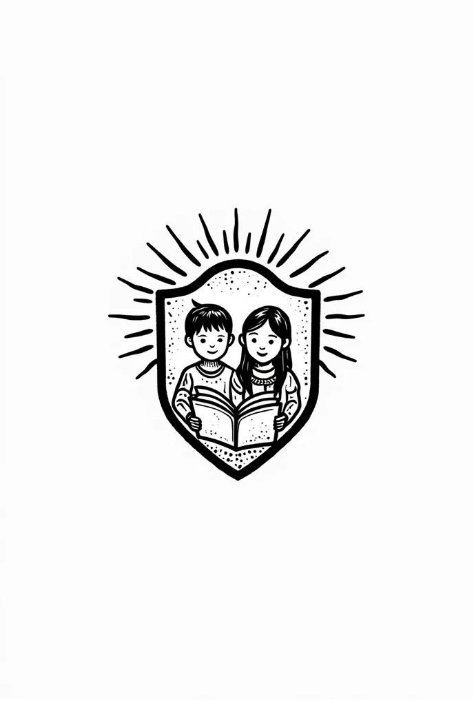 ¡Genial! A logo for the primary school "Rochivo Creel Indigenous Primary School" with Tarahumara children a shield in the shape of a sun, which is an important element in the Tarahumara culture. In the center of the sun, Places a Tarahumara boy and girl smiling and holding an open book. The boy and girl can be dressed in typical costumes of their culture..
The logo can be black and white, the pure sketch