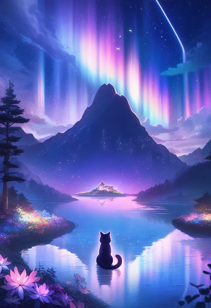 ((Masterpiece)), ((Best Quality)), (Very Detailed), ((Very Detailed)), 4K, (8K), very aesthetic, absurdres highres, 1 woman, (anthropomorphic cat, furry, kemono:1.5), Under a night sky where stars flow, a mystical lake shimmers in dark blue and purple tones. A cat-shaped island floats on the lake, quietly illuminated by starlight. The reflection of stars on the lake surface sways gently along with the rainbow-colored aurora lights, creating a romantic atmosphere. In the center of the island stands a glowing cat statue, surrounded by mystical flowers in full bloom, with ribbons of starlight fluttering in the breeze.
