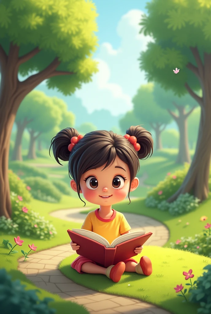 a female cartoon reading a book in park