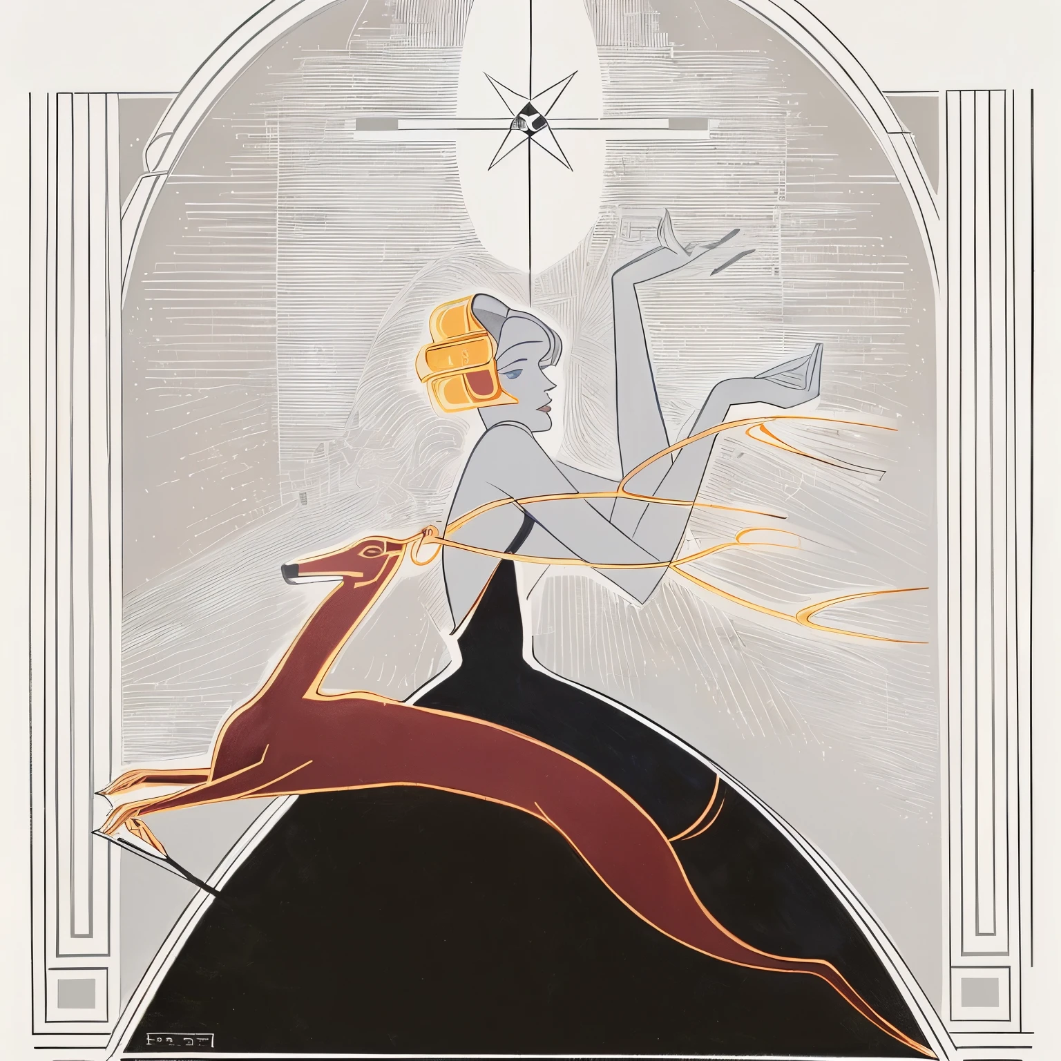 a drawing of a woman in a black dress and a red dog, erte, art deco illustration, by Wilhelm Sasnal, by John Blair, by Bob Singer, by Herbert Bayer, by Carl Eytel, ( ( ( art deco ) ) ), by Pál Böhm, by Hans Hinterreiter, by Robert Scott Lauder, by Pruett Carter