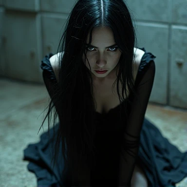 A girl in a sexy gothic looking dress kneels on the ground in a dimly lit basement. Her long hair cascades over her shoulders, casting shadows on the ground around her, desperate pose, long eyelashes. desperate expression